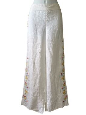 Calypso St. Barth Women’s White 100% Linen Embroidered Flowers Pants- Large